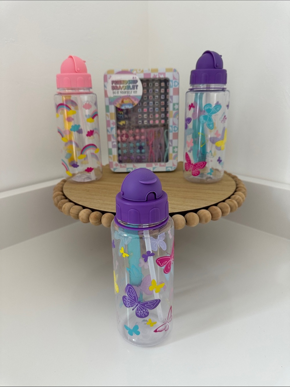 🌸NEW 4 Pieces Kids Butterfly Print Water Bottle - Purple , pink and bracelet kit